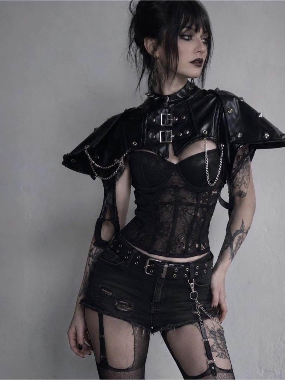 Black Gothic Lace Corset Top with Studded Chain Shoulder Cape